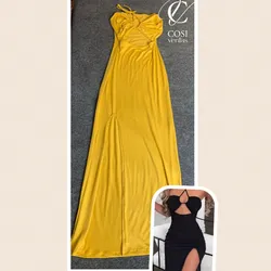 Vestido cruzado largo tela de algodón mostaza 