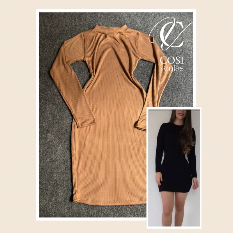 Vestido cuello alto de mangas largas carmelita claro