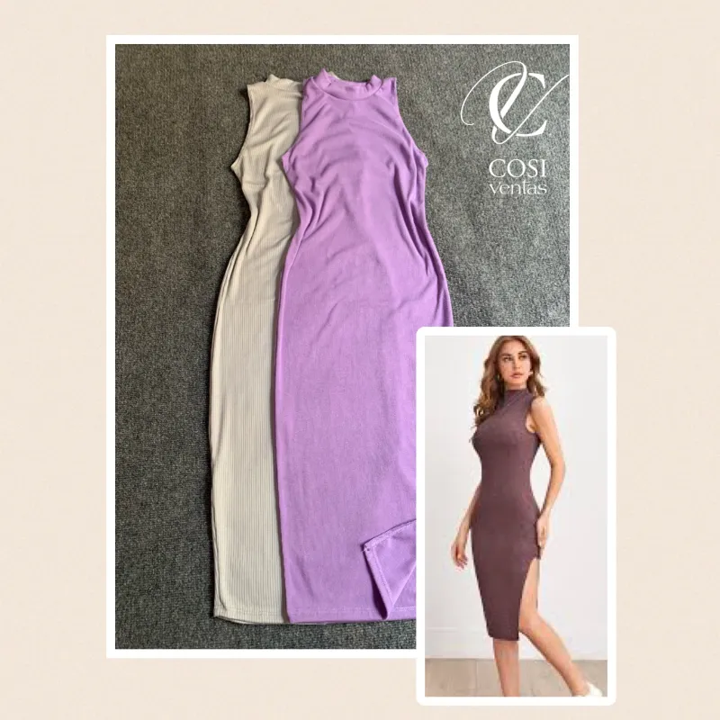 Vestido desmangado con apertura en la pierna (a media pierna) 