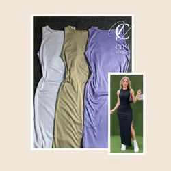 Vestido desmangado largo con abertura 