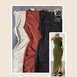 Vestido desmangado largo con abertura 