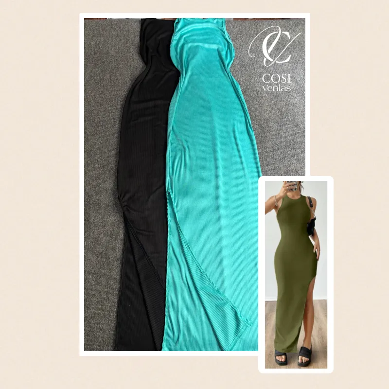 Vestido desmangado largo con abertura (varios colores) 