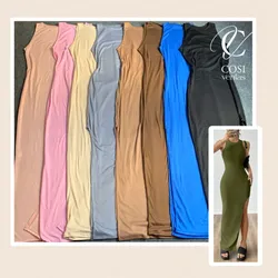 Vestido desmangado largo con abertura