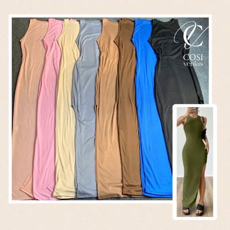 Vestido desmangado largo con abertura 