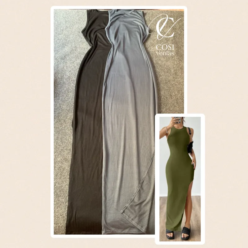 Vestido desmangado largo con abertura (varios colores) 