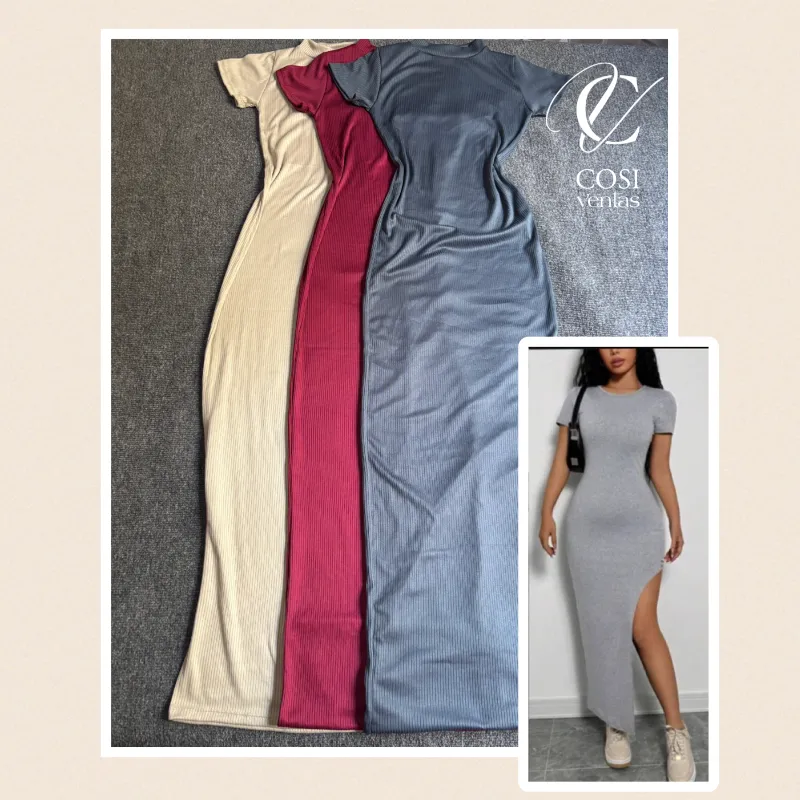 Vestido largo de mangas con abertura en la pierna 