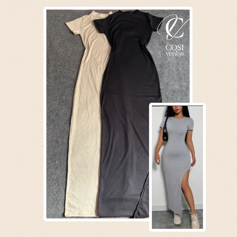 Vestido largo de mangas con abertura en la pierna 