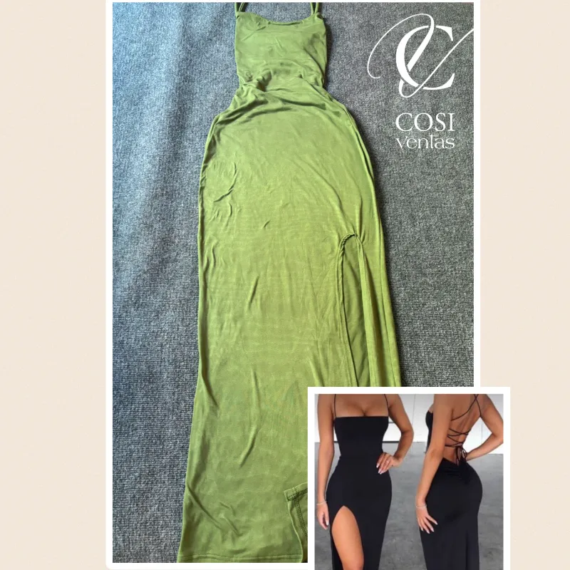 Vestido largo de espalda descubierta cruzada 💚verde aceituna 