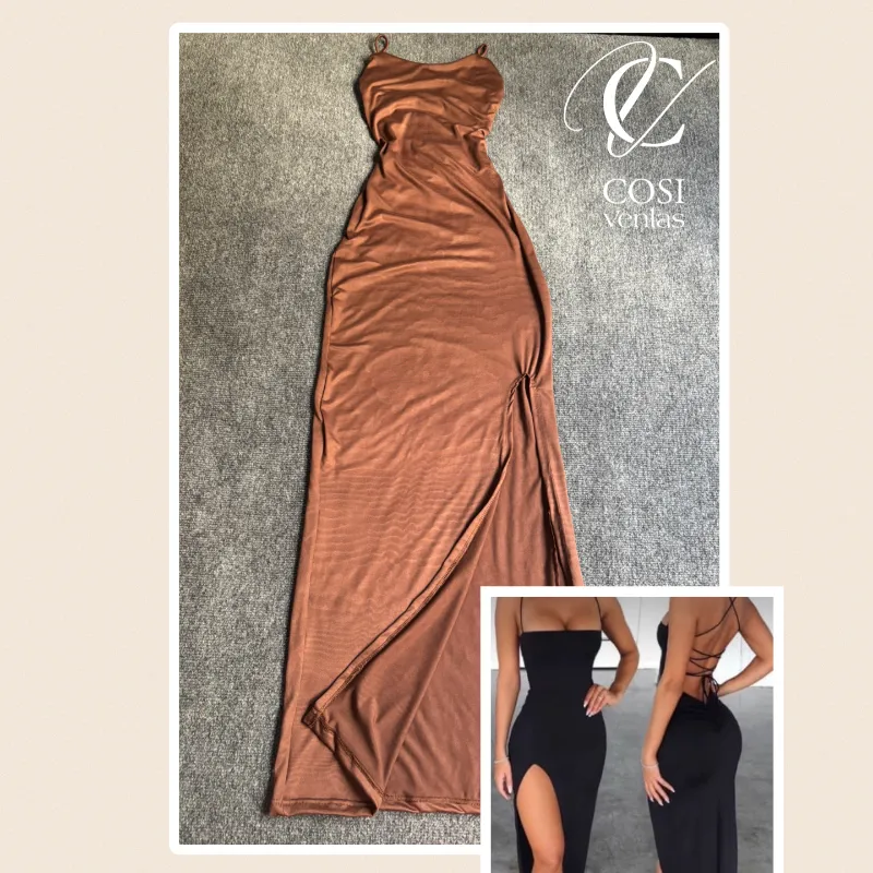 Vestido largo de espalda descubierta cruzada 🤎carmelita 