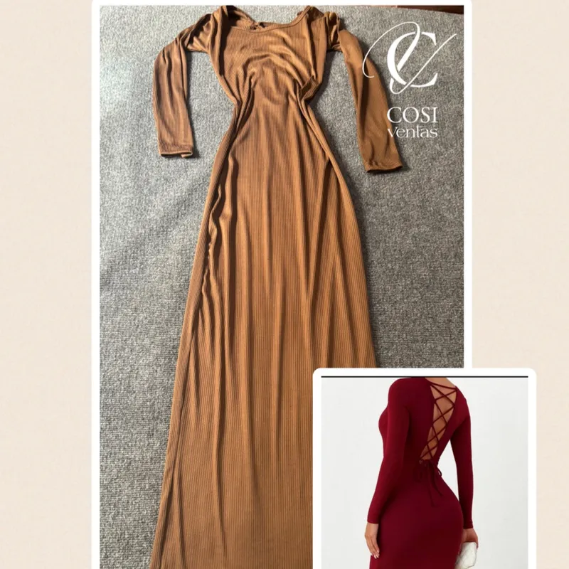 Vestido manga larga espalda cruzada en carmelita 