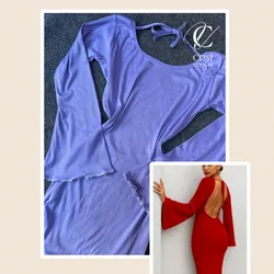 Vestido largo espalda descubierta mangas campanas en lila