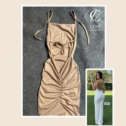 Vestido beige (espagueti ) de tirantes y espalda descubierta
