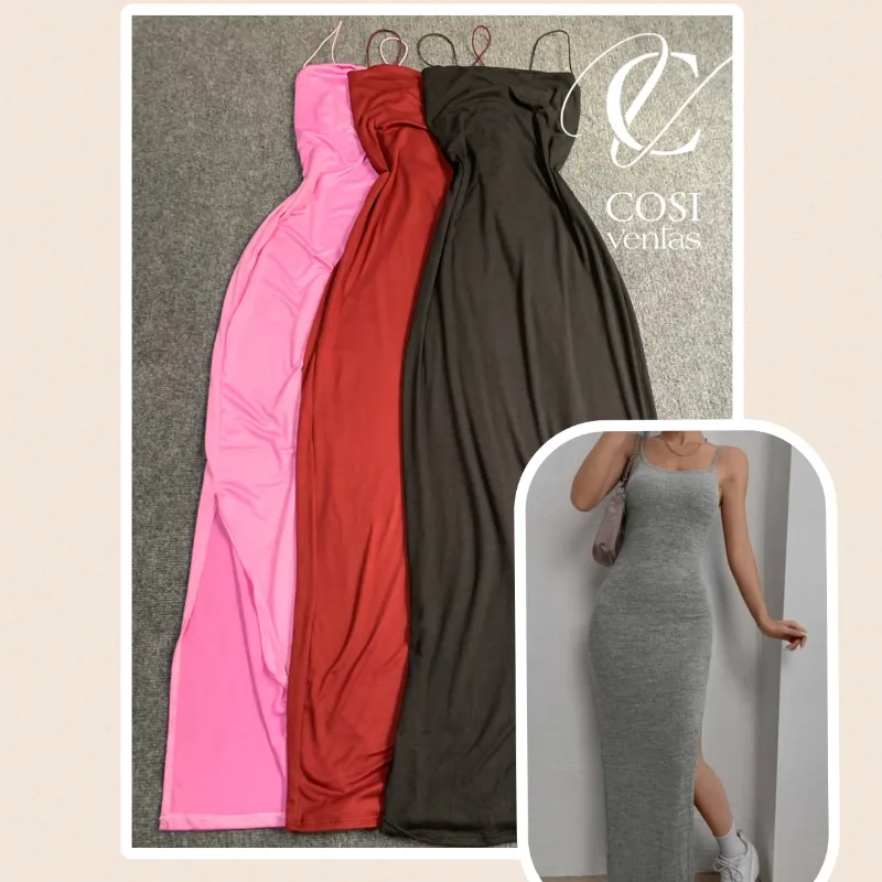 Vestidos de tirantes finos largo con abertura (tela algodón) 
