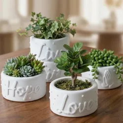 Conjunto de 4 macetas de yeso con frases inspiradoras. Para plantas artificiales o para velas (no incluidas)