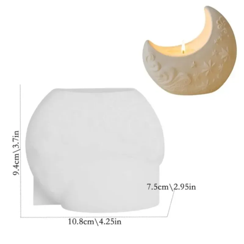 Elegante maceta de yeso con forma de luna y relieves. Para plantas artificiales o para velas (no incluidas)