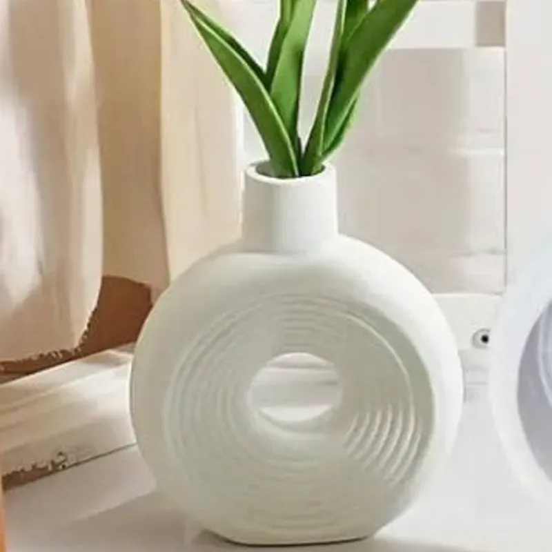 Florero de yeso de gran tamaño, con rayas nórdicas. Para plantas artificiales (no incluidas)