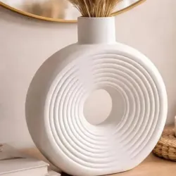 Florero de yeso de gran tamaño, con rayas nórdicas. Para plantas artificiales (no incluidas)