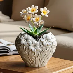 Maceta de yeso con diseño de corazón y flores a relieve