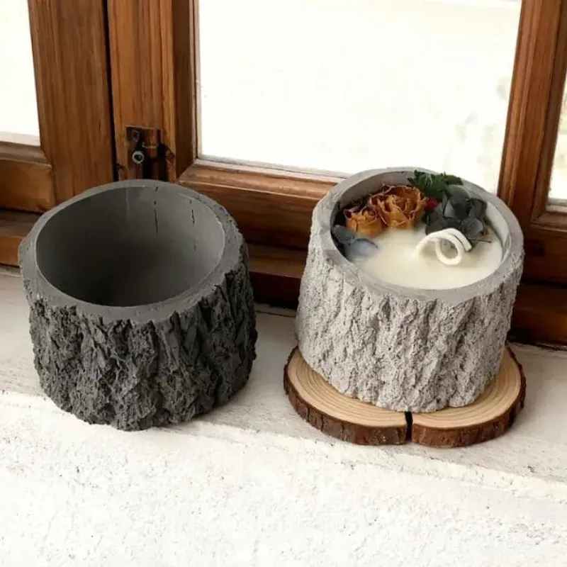 Maceta de yeso estilo tocón de árbol. Para plantas artificiales o para velas (no incluidas)