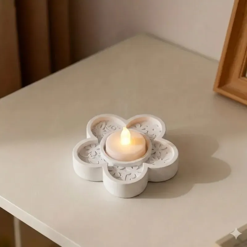 Portavelas de yeso con diseño de flor. No incluye vela.