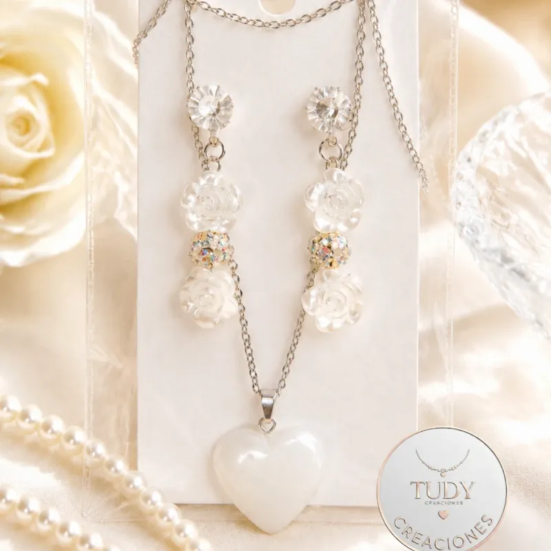 Cadena de acero inoxidable con dige de corazón y aretes