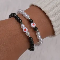 Pulsera blanca y negra con corazón para parejas 