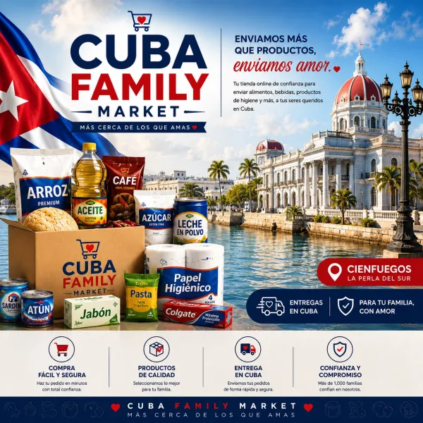 Entregas en Cienfuegos y municipios
Cuba Family Market es una tienda online creada para crear tu propio combo a tu manera , solo escojer los productos y hacer su pedido .
Dudas o informaciones escribir al número+53 55853580 o +55 11911955813
Nuestro objetivo es hacer que enviar productos a Cuba sea un proceso fácil, práctico y confiable. A través de nuestro catálogo online podrás consultar nuestros productos, elegir lo que deseas enviar y realizar tu pedido de manera sencilla.
Trabajamos para brindar una atención cercana y un servicio organizado, buscando que cada compra sea una experiencia segura y satisfactoria.
❤️ Tú eliges los productos. Nosotros nos encargamos de hacerlos llegar a quienes más quieres en Cuba.
Cuba Family Market — Más cerca de tu familia, estés donde estés.