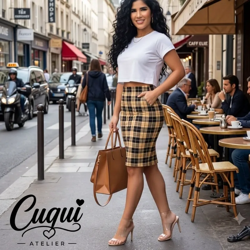 Conjunto Saya de cuadros y pulover cajita blanco