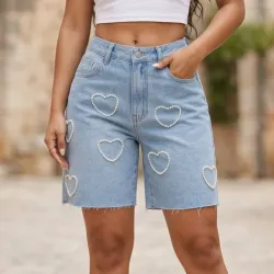 💙 Bermuda de mezclilla con decoración de perlas — Azul Claro