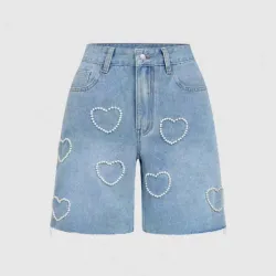 💙 Bermuda de mezclilla con decoración de perlas — Azul Claro