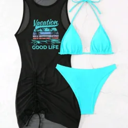 Bikini azul con vestido negro