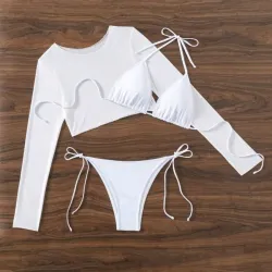 Bikini blanco con blusa mangas largas transparente 