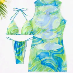 Bikini estampado verde/azul con vestido