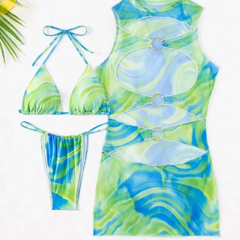 Bikini estampado verde/azul con vestido