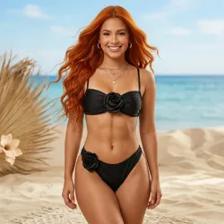 Bikini negro con flor 3D