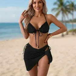 🖤 Bikini de ribete fruncido con pañoleta — Negro