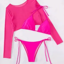 Bikini rosado fucsia con blusa mangas largas 