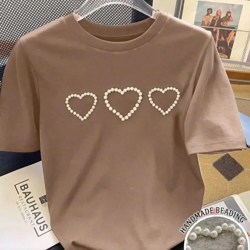 🤎 Camiseta con decoración de perlas — Beige