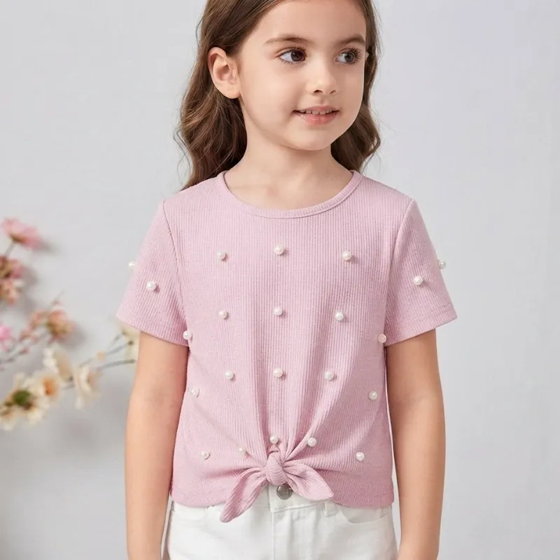 🩷 Camiseta de mangas con perlas — Rosado