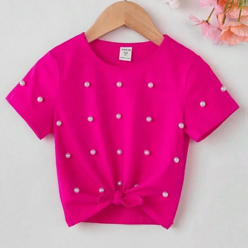 Camiseta fucsia d manga con perlas