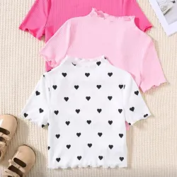 🩷🤍 Camisetas con borde lechuga — Rosado/Blanco 