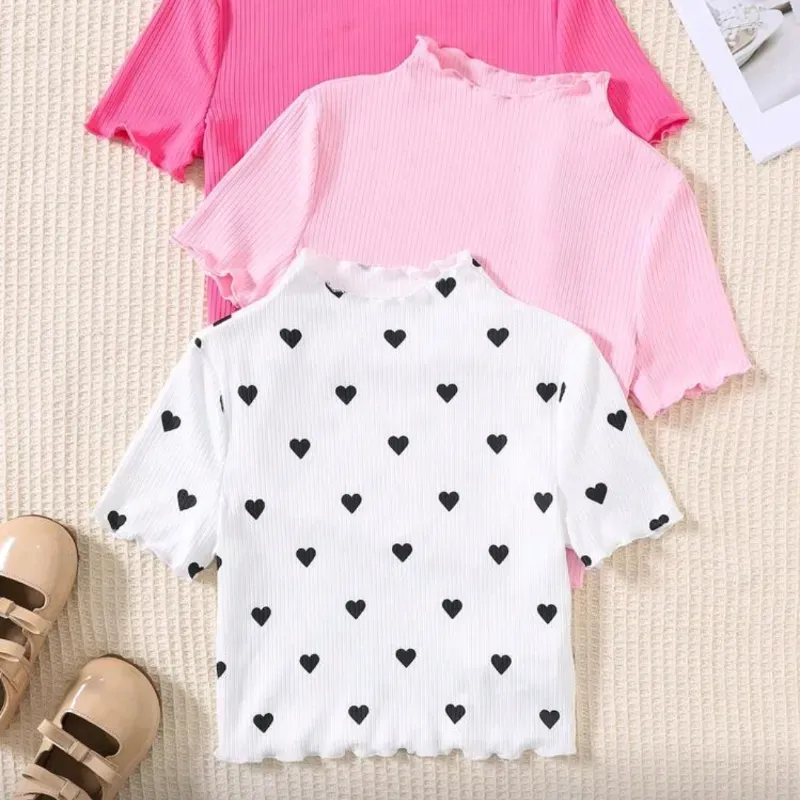 🩷🤍 Camisetas con borde lechuga — Rosado/Blanco 