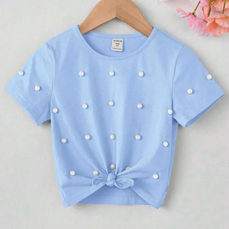 Camiseta celeste d manga con perlas