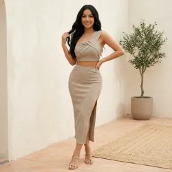 🤎 Conjunto de falda larga y top de un tirante tejido con textura — Albaricoque
