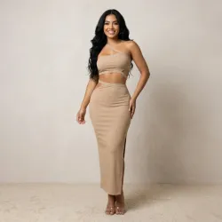 🤎 Conjunto de falda larga y top de un tirante — Beige 