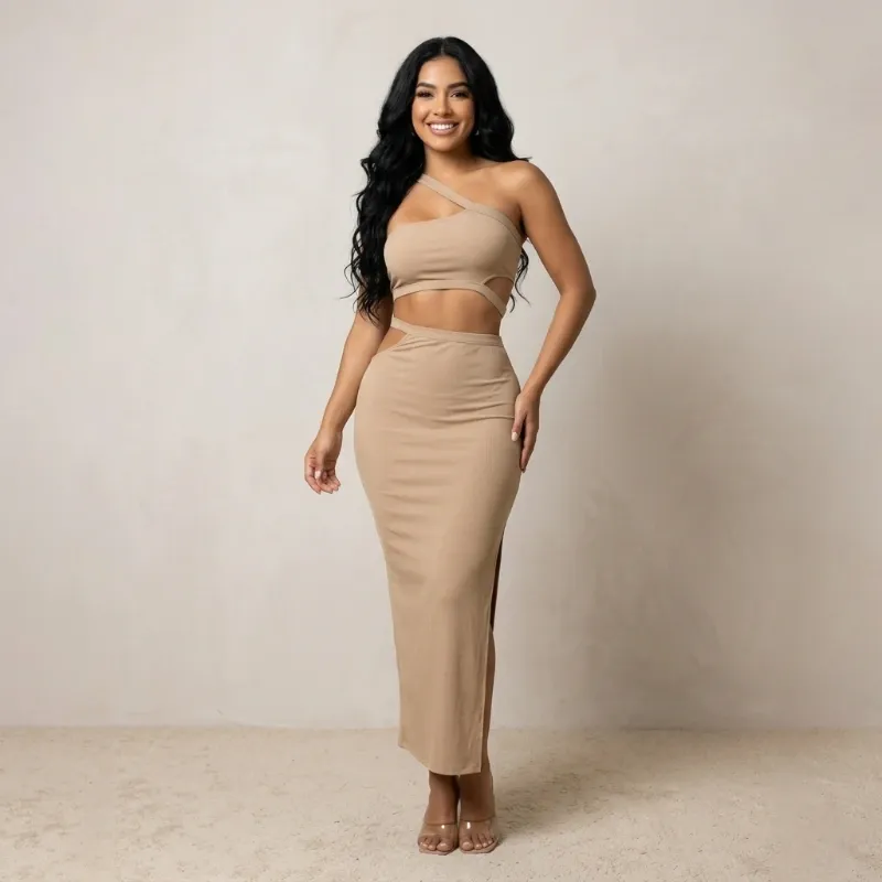 🤎 Conjunto de falda larga y top de un tirante — Beige