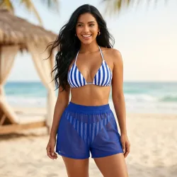 Conjunto d bikini de listas azul con  pareo