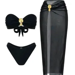 Bikini negro con falda larga y adornos dorados