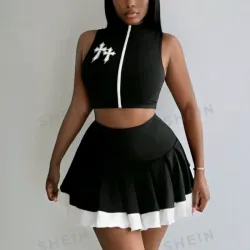 🖤 Conjunto de falda corta plisada y top desmangado — Negro/ Blanco