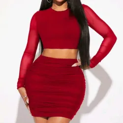 ❤️ Conjunto de falda corta y blusa de mangas largas — Rojo